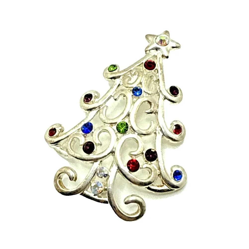 Vintage Kenneth Cole Rhinestone Christmas Tree Brooch Silver Tone KC Holiday Pin